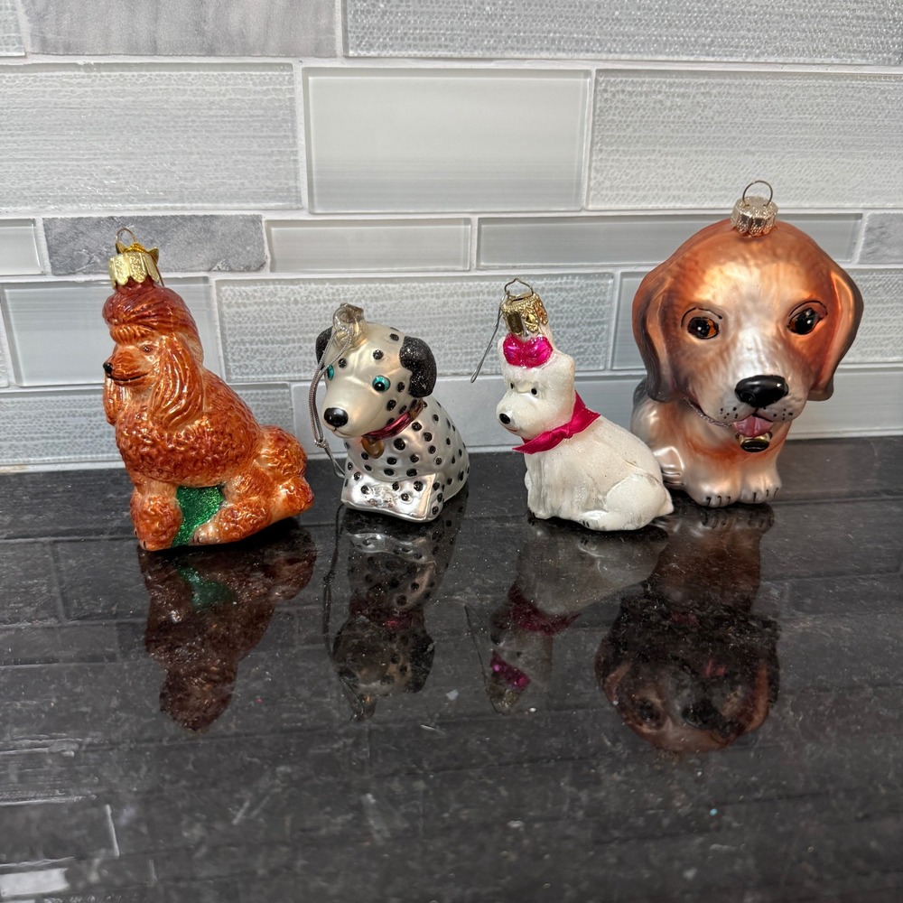 Blown Glass Dog Christmas Ornaments Multicolor Set of 4 Excellent Cond